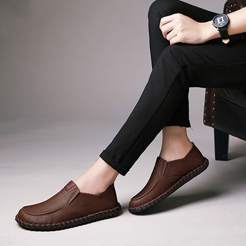 Mænd Bløde Åndbare Flade Sko Casual Outdoor Læder Slip On Oxfords