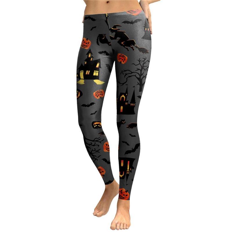 Haunt The House Leggings Kvinder Witch Pumpk Lanterne Elastik Legg Spandex Digital Printed Workout Bukser