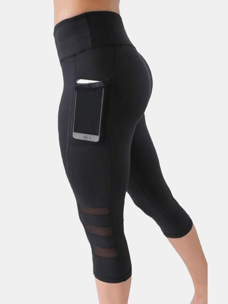 Kvinder Mesh Patchwork Bodycon Cropped Yoga Sport Leggings Med Lommer