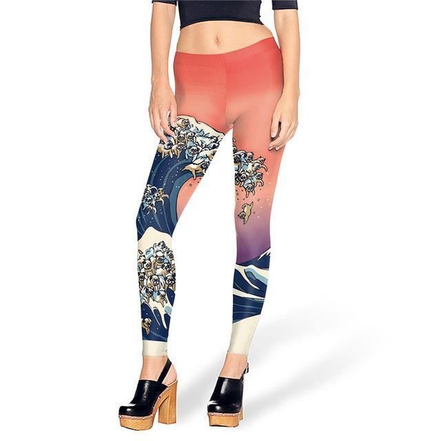 Mode Summer Creative Leg Printed Dame Legg The Great Wave Of Pug Leggings Sexede Kvindebukser