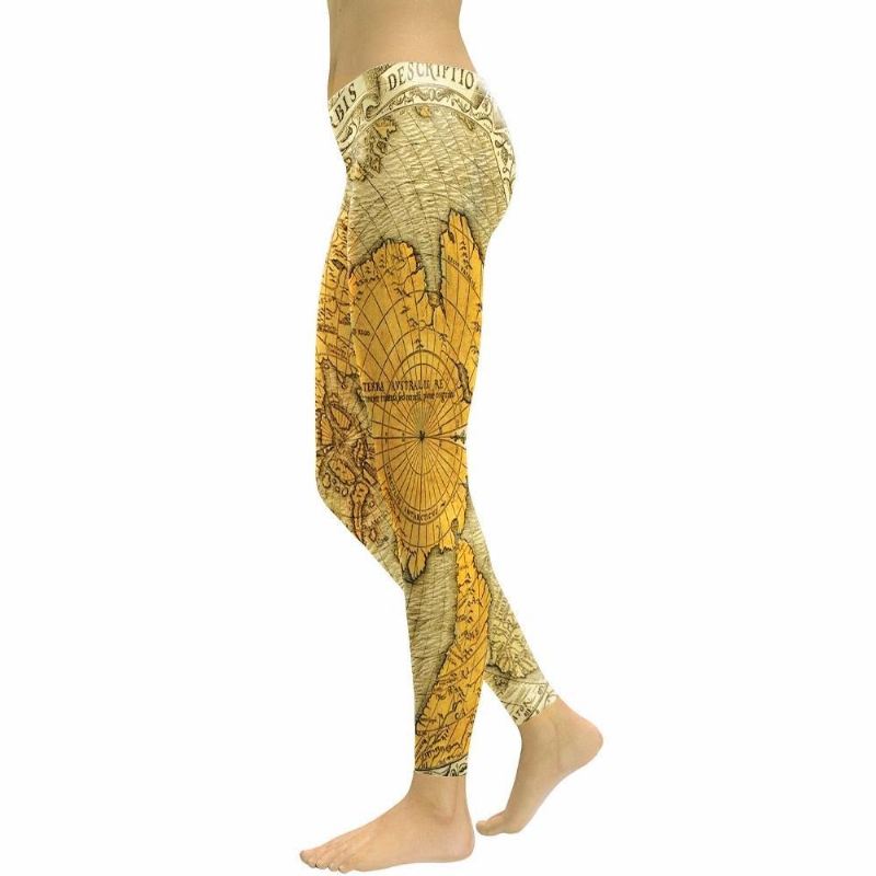 Nyt Forår Golden World Map Leggings Kvinder Bogstav Bredde- Og Længdegrad 3d-printede Legg High Waist Bukser