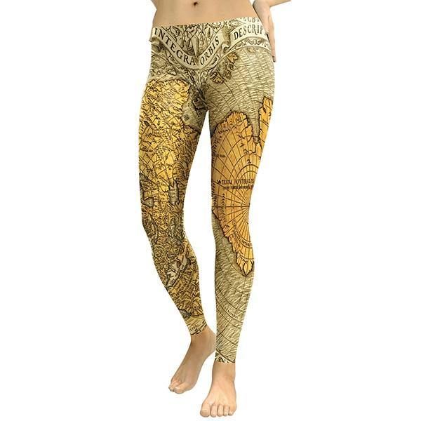 Nyt Forår Golden World Map Leggings Kvinder Bogstav Bredde- Og Længdegrad 3d-printede Legg High Waist Bukser