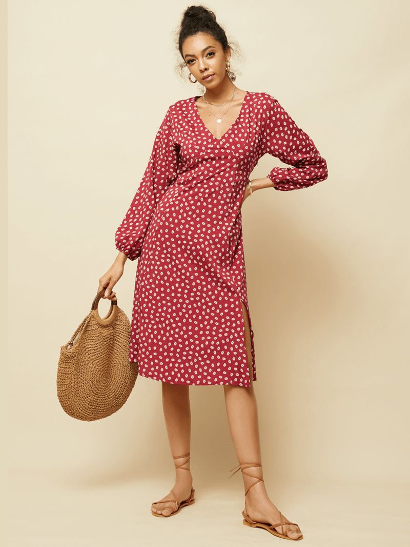 Chiffon Polka Dot Med Tryk Split Langærmet Causal Kjole