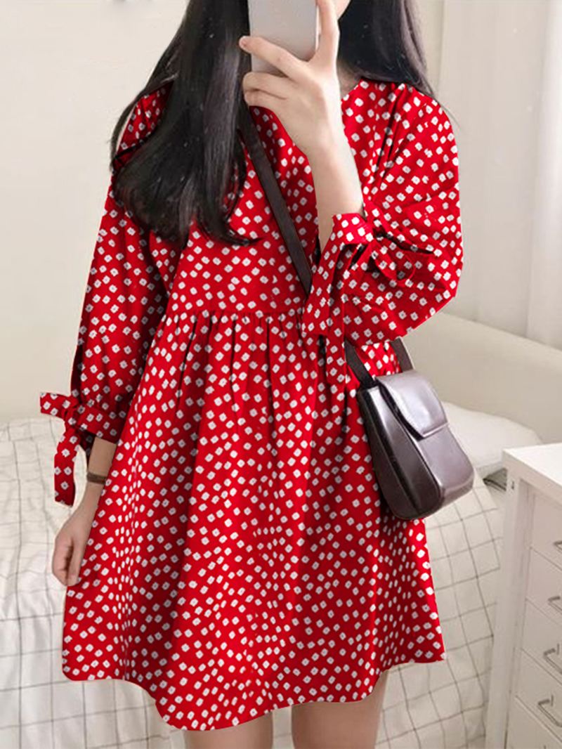 Kvinder Bomuld Polka Dot Plisseret Rund Hals Løs Casual Mini Kjole