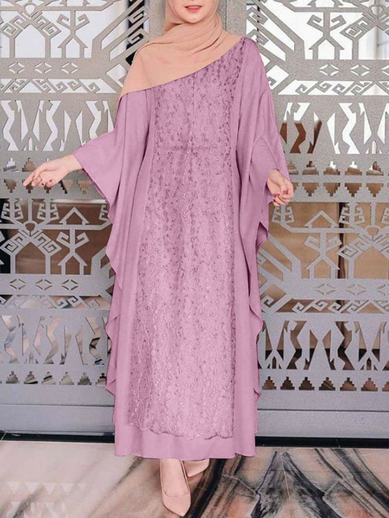 Kvinder Langærmet Blonde Patchwork Bat Sleeve Kaftan Tunika Ensfarvet Plet Midi Kjoler