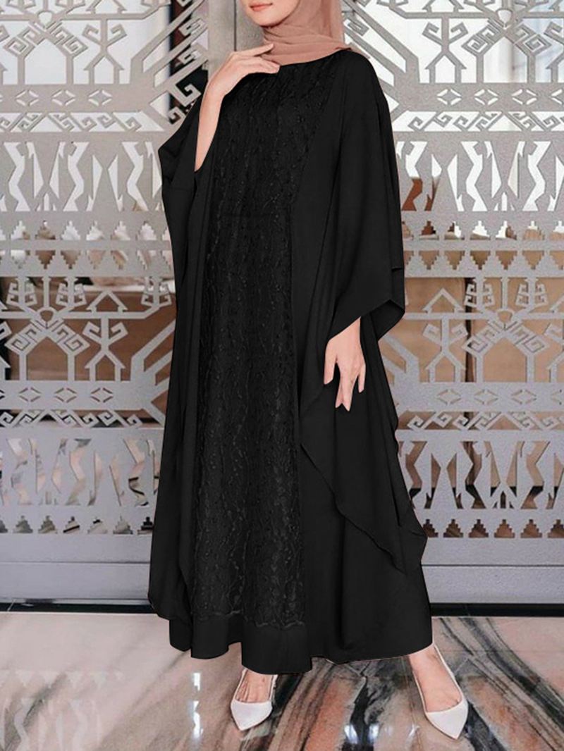 Kvinder Langærmet Blonde Patchwork Bat Sleeve Kaftan Tunika Ensfarvet Plet Midi Kjoler