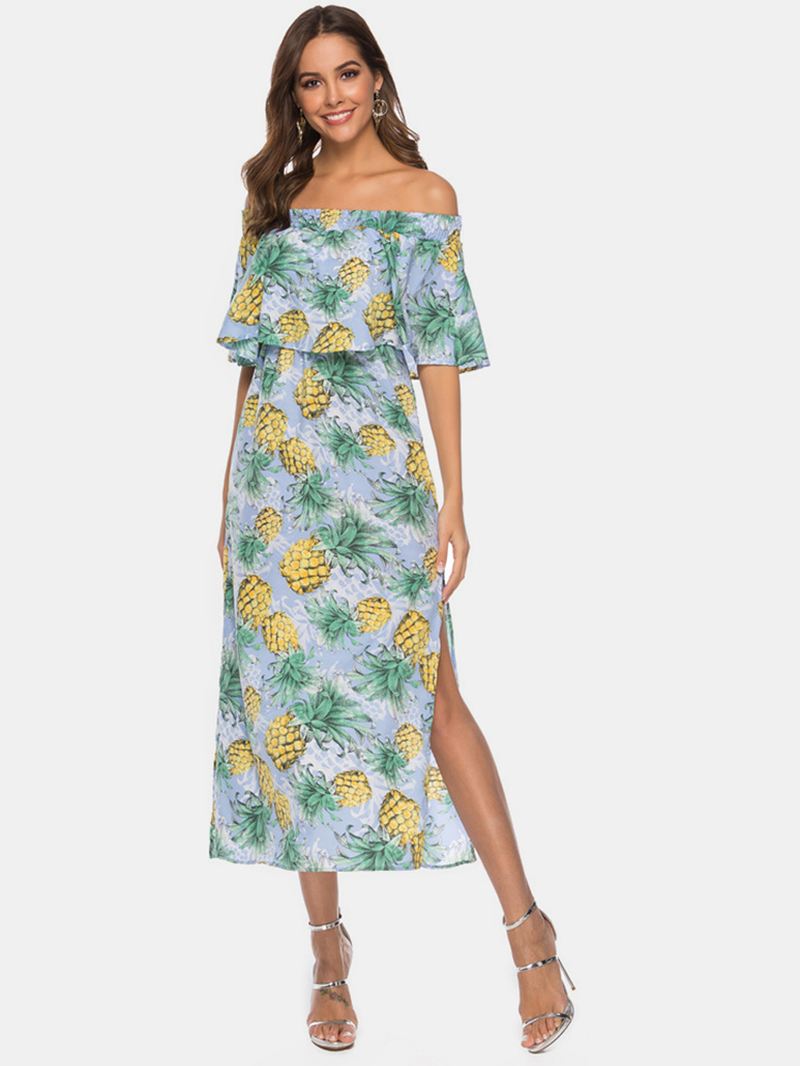 Kvinder Off Shoulder Blomsterprint Split Causal Midi-kjole