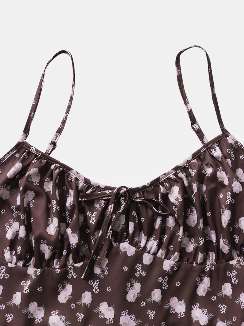 Kvinder Retro Blomsterprint Split Strappy Cami Casual Midi-kjoler