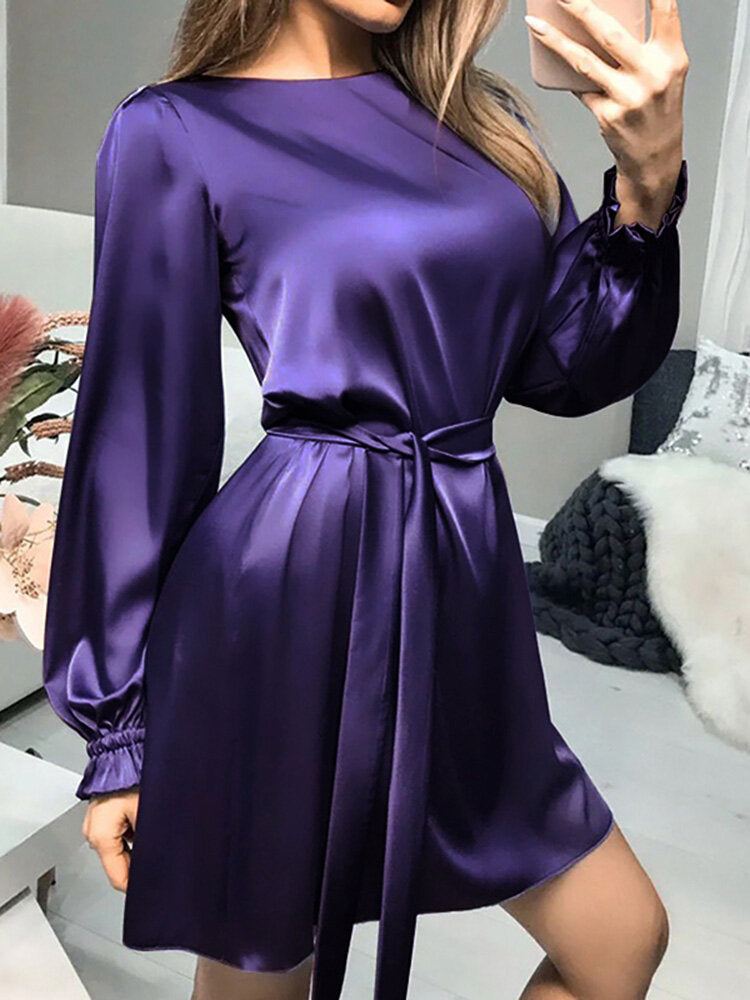 Kvinder Satin Solid Puff Sleeve Midi-kjoler I Knælængde