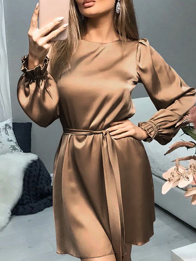 Kvinder Satin Solid Puff Sleeve Midi-kjoler I Knælængde