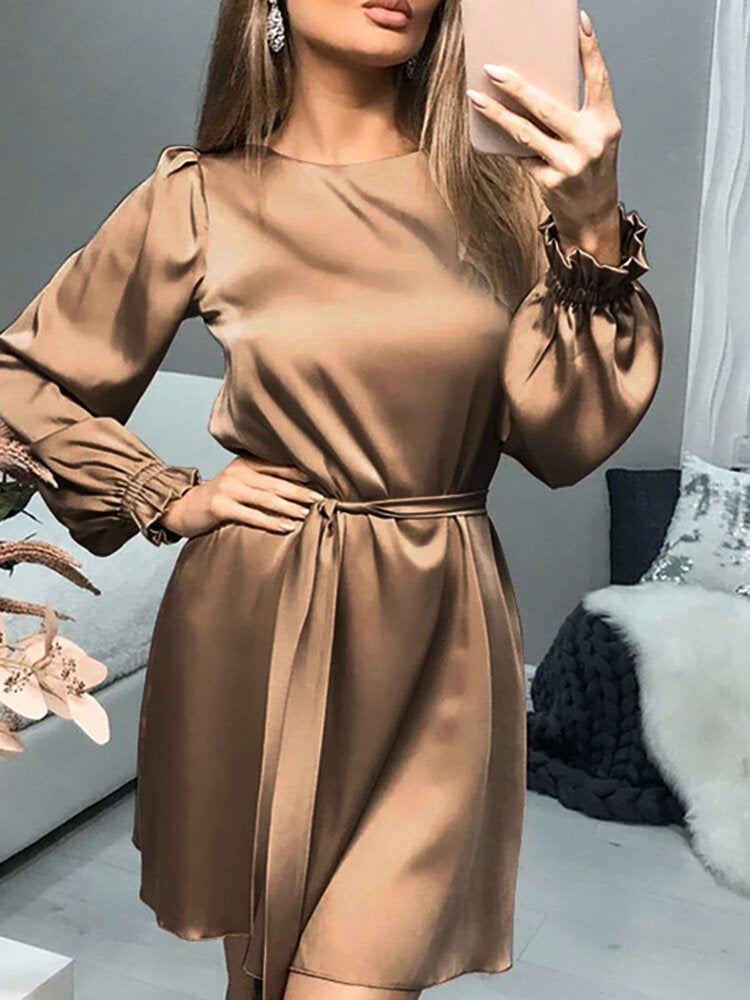 Kvinder Satin Solid Puff Sleeve Midi-kjoler I Knælængde