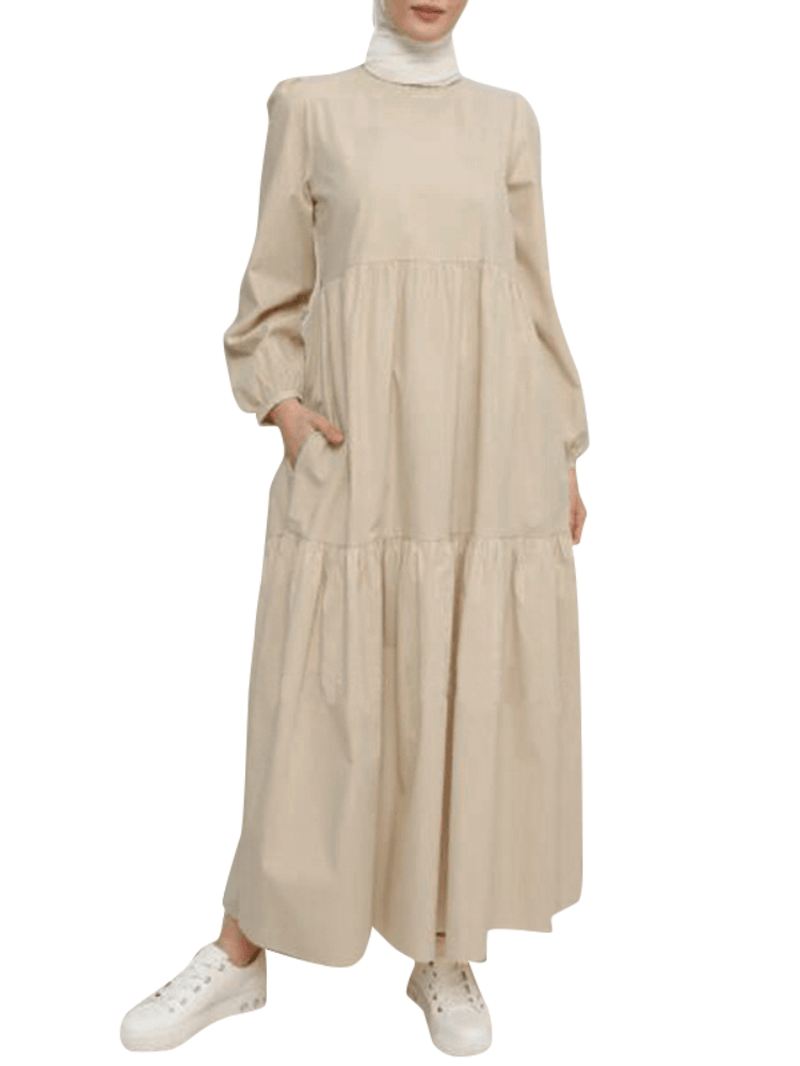 Kvinder Solid Crew Neck Layered Back Buttons Abaya Kaftan Dress