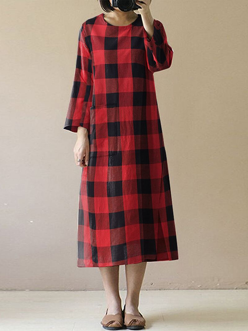 Kvinder Vintage Plaid O-hals Langærmet Split Midi Kjole