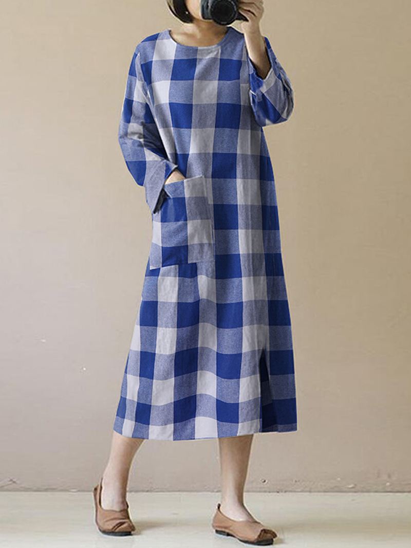 Kvinder Vintage Plaid O-hals Langærmet Split Midi Kjole