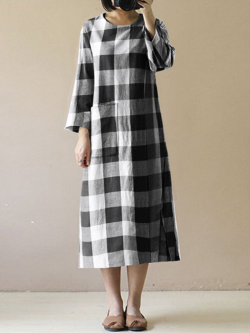 Kvinder Vintage Plaid O-hals Langærmet Split Midi Kjole