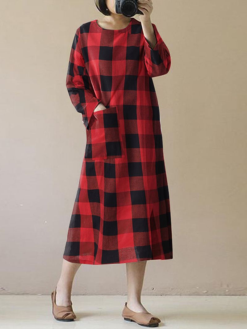 Kvinder Vintage Plaid O-hals Langærmet Split Midi Kjole