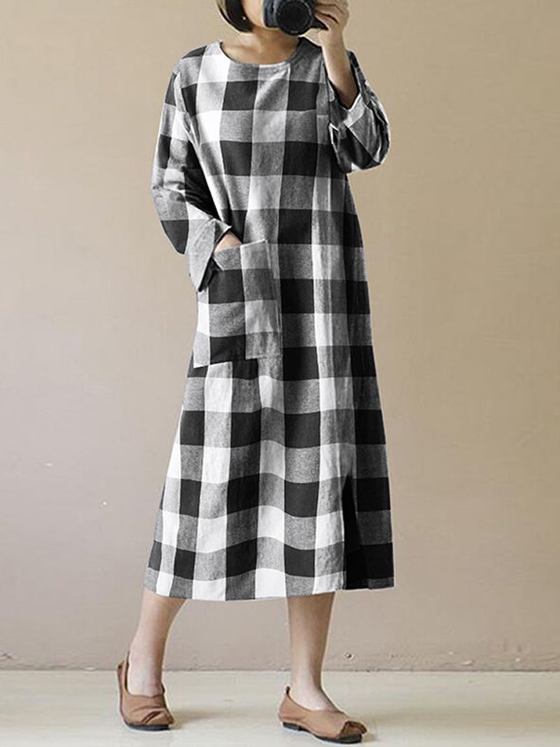 Kvinder Vintage Plaid O-hals Langærmet Split Midi Kjole