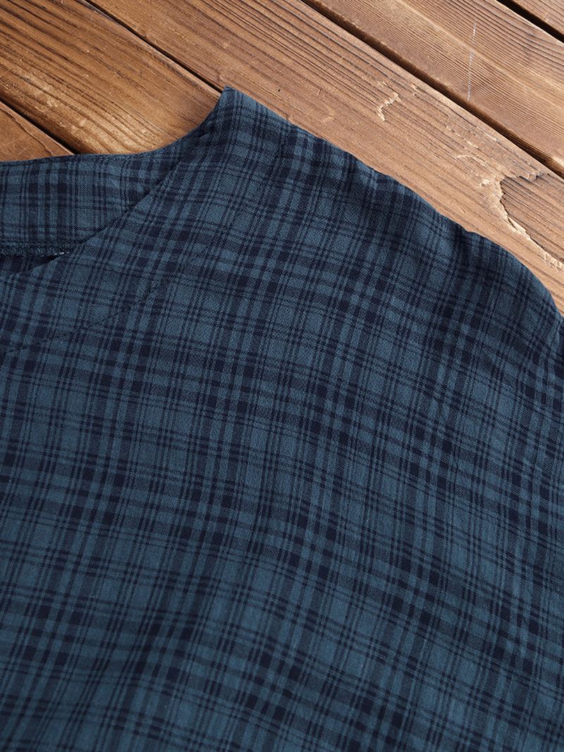 Vintage Kvinder Bomuld Pocket Plaid Uregelmæssig Hem Maxi Kjole