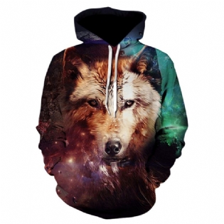 3d Farverig Wolf Med Tryk Hooded Pocket Sweatshirt