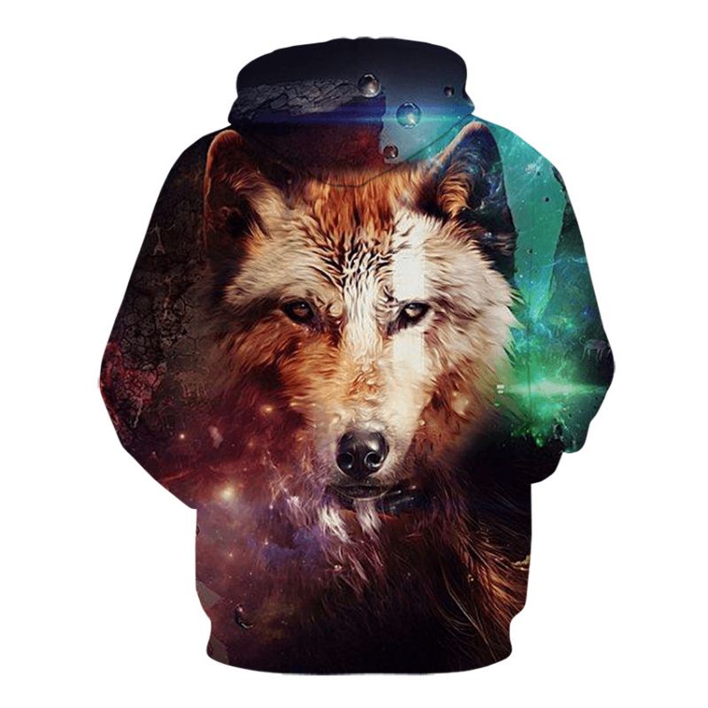 3d Farverig Wolf Med Tryk Hooded Pocket Sweatshirt