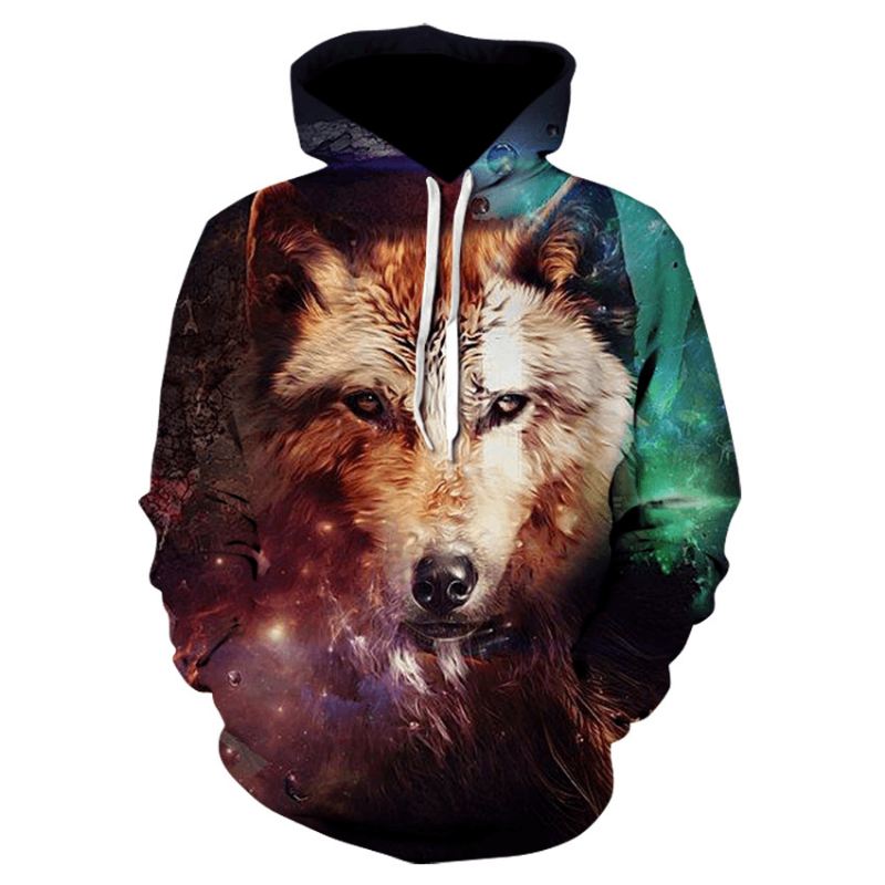 3d Farverig Wolf Med Tryk Hooded Pocket Sweatshirt