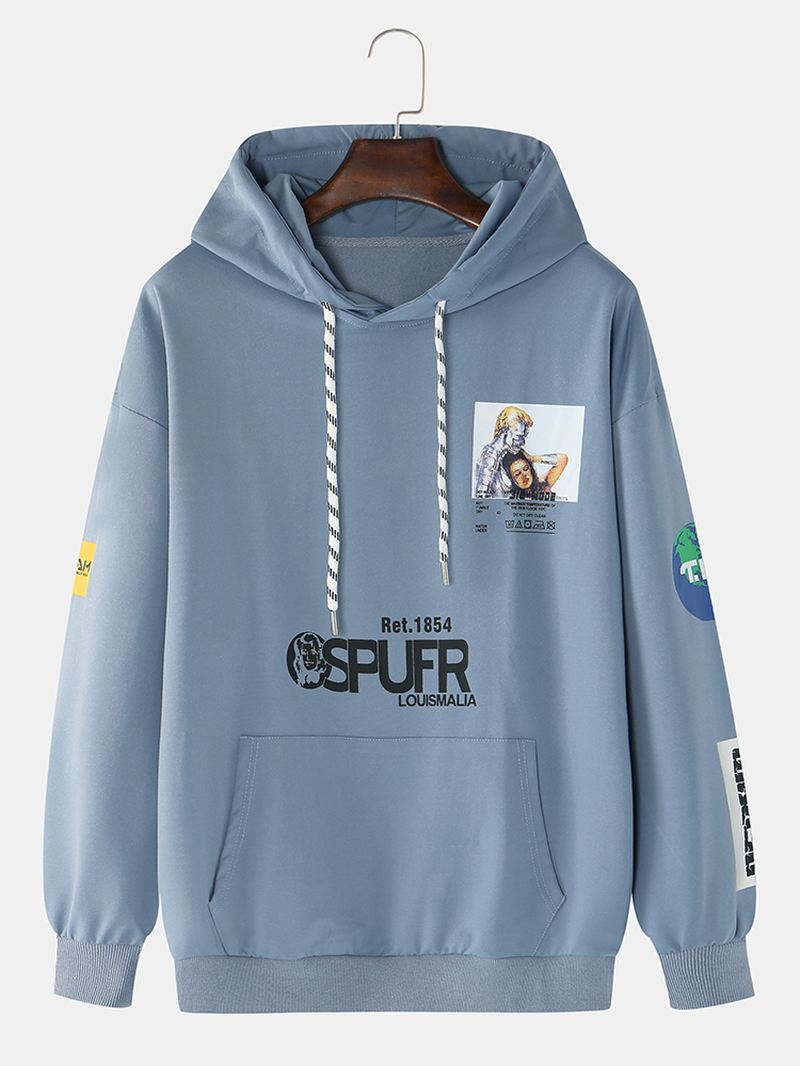 Bomuld Herre Design Grafisk Letter Med Tryk Drop Shoulder Casual Hættetrøjer Med Snoretræk