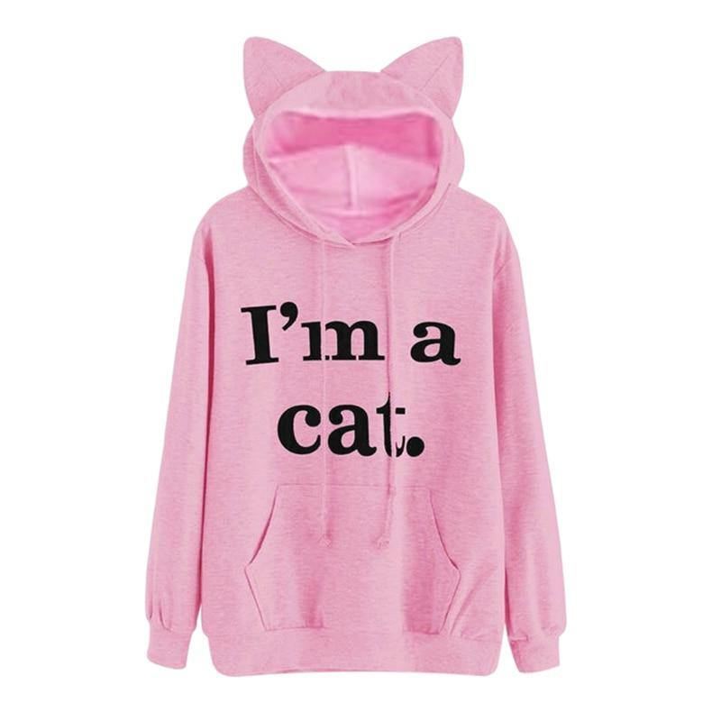 Harajuku Kat Ear Cap Hættetrøjer Damer I Am A Kat Trykte Hættetrøjer Pink Top Sød Langærmet Løs Pullover Moletom