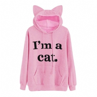 Harajuku Kat Ear Cap Hættetrøjer Damer I Am A Kat Trykte Hættetrøjer Pink Top Sød Langærmet Løs Pullover Moletom