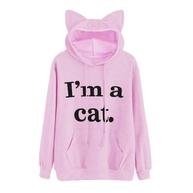 Harajuku Kat Ear Cap Hættetrøjer Damer I Am A Kat Trykte Hættetrøjer Pink Top Sød Langærmet Løs Pullover Moletom