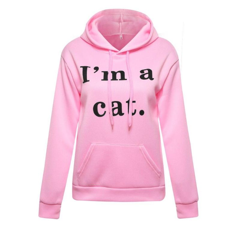 Harajuku Kat Ear Cap Hættetrøjer Damer I Am A Kat Trykte Hættetrøjer Pink Top Sød Langærmet Løs Pullover Moletom