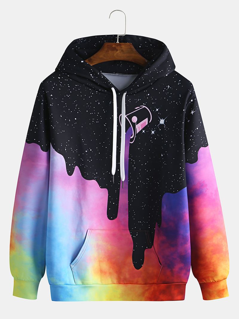 Herre Starry Sky Pattern Tie Dye Kangaroo Pocket Long Sleeve Casual Hættetrøjer