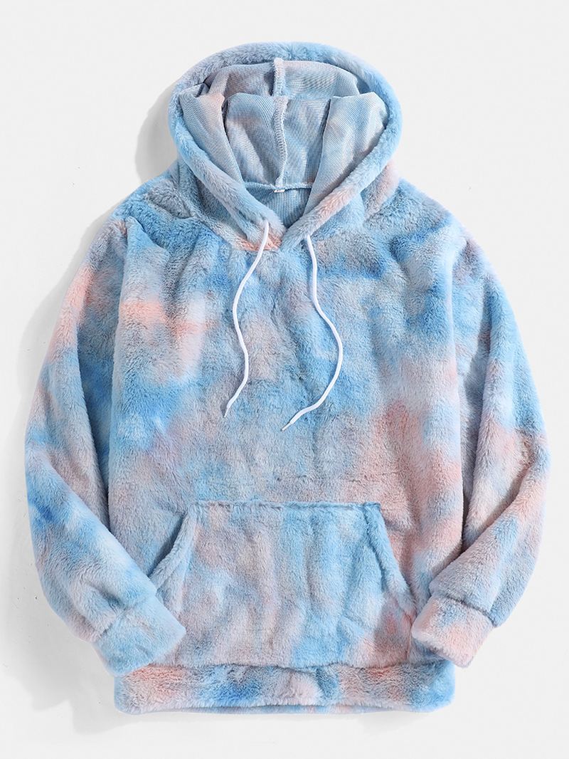 Herre Tie-dye Plys Fluffy Langærmet Teddy Hættetrøjer Med Lomme