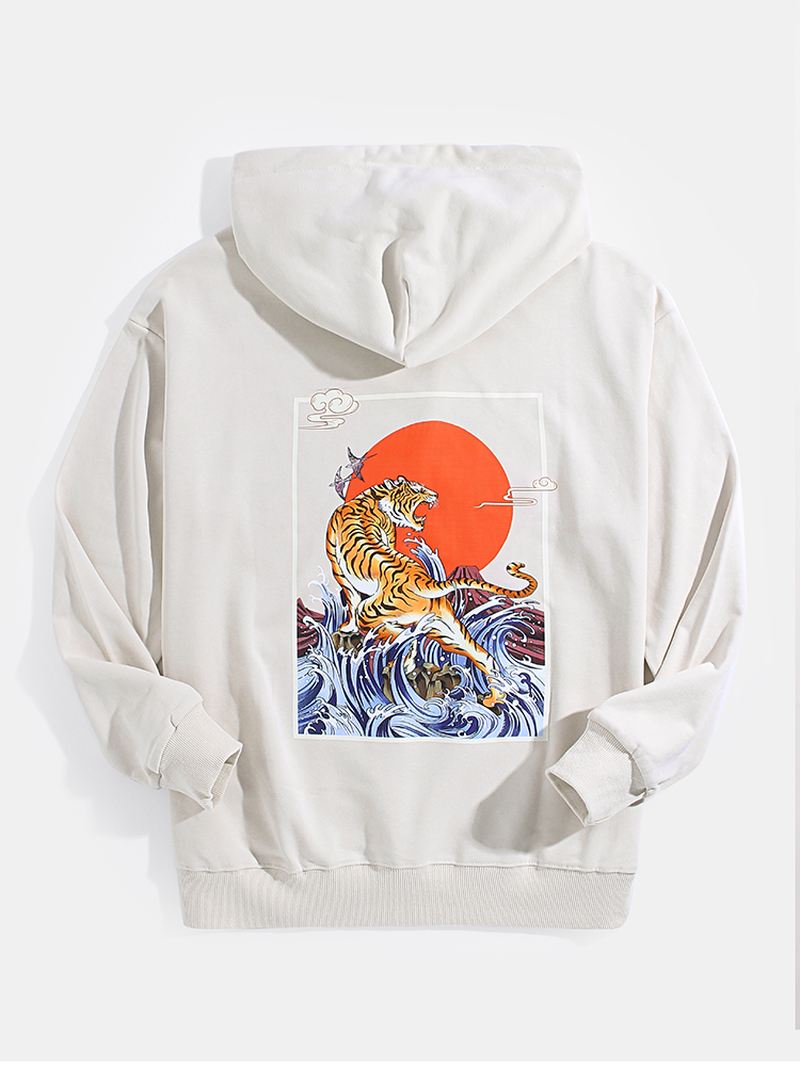 Herre Ukiyoe Tiger Back Graphics Pocket Hættetrøjer Med Snoretræk