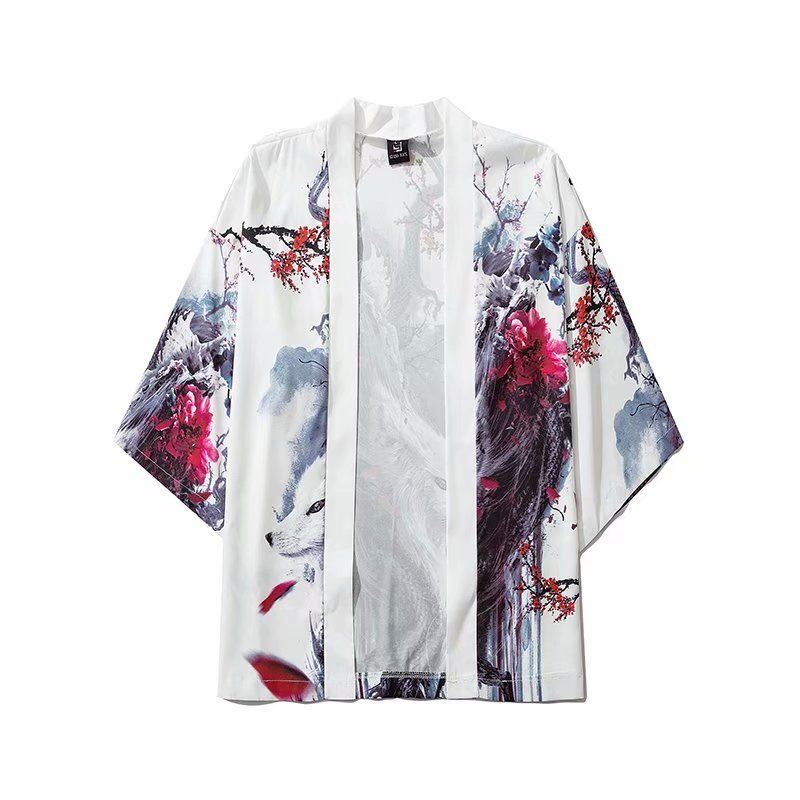 Kilde Japansk Ukiyo-e Road Robe Kimono Trekvart Ærme Løs Opknappet Trendy Kappe Skjortejakke