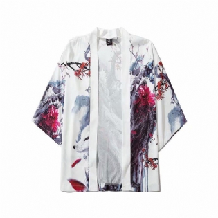 Kilde Japansk Ukiyo-e Road Robe Kimono Trekvart Ærme Løs Opknappet Trendy Kappe Skjortejakke