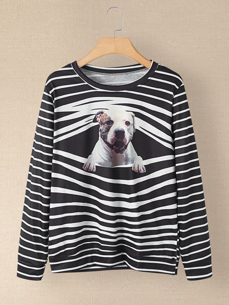 Kvinder 3d Hunde & Stripe Med Tryk O-hals Pullover Casual Sweatshirts