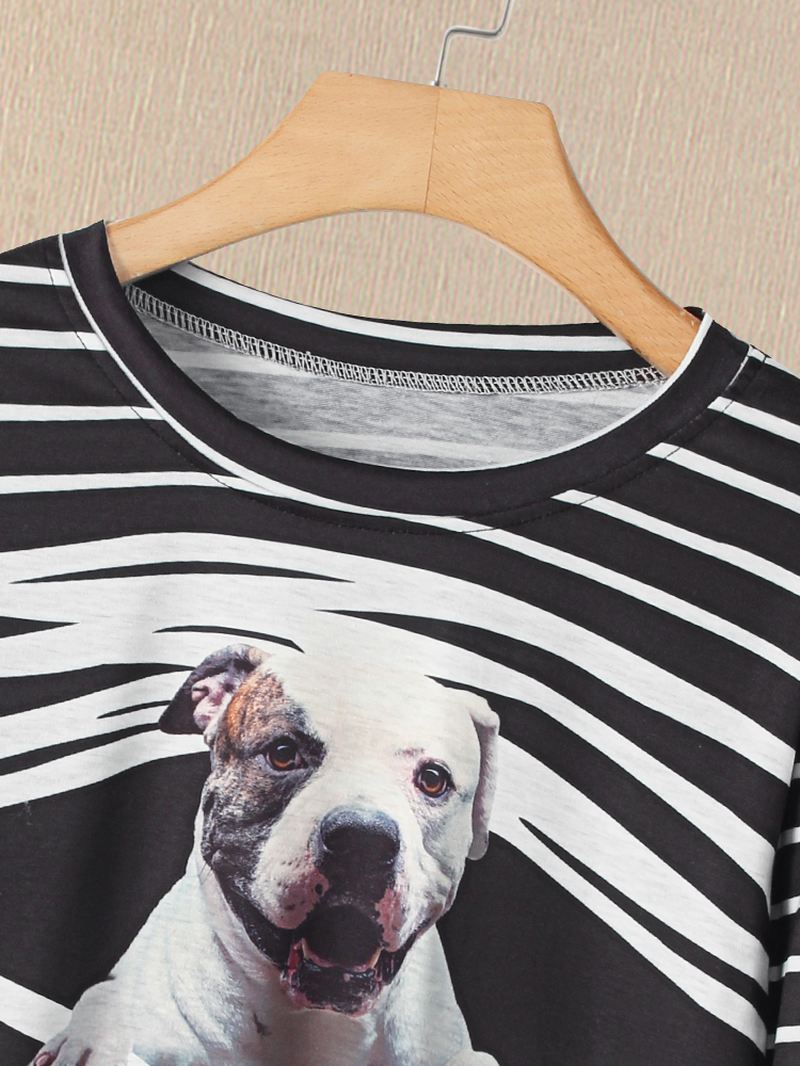 Kvinder 3d Hunde & Stripe Med Tryk O-hals Pullover Casual Sweatshirts