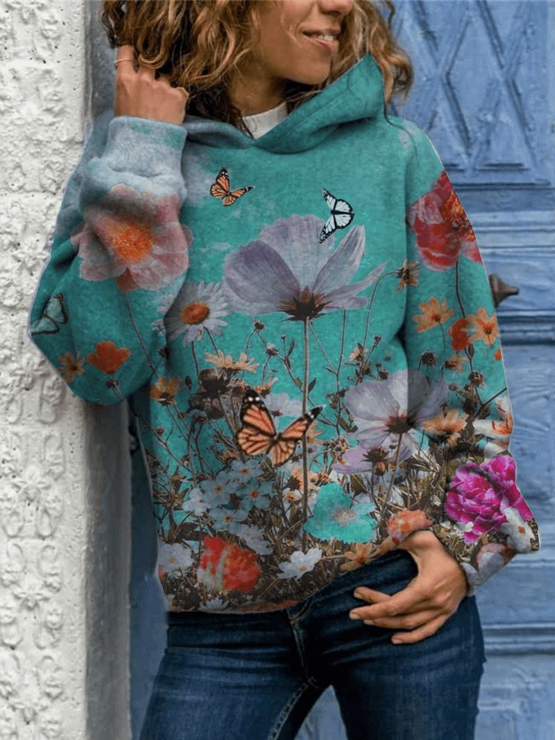 Kvinder Butterfly Blomster Med Tryk Langærmet Casual Pullover Hættetrøjer