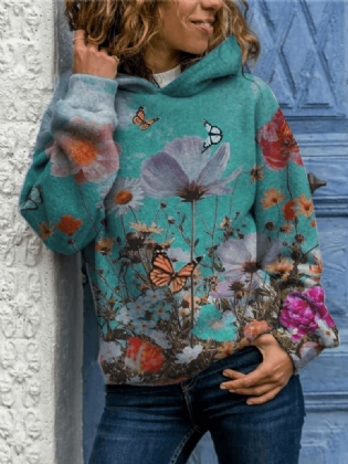 Kvinder Butterfly Blomster Med Tryk Langærmet Casual Pullover Hættetrøjer