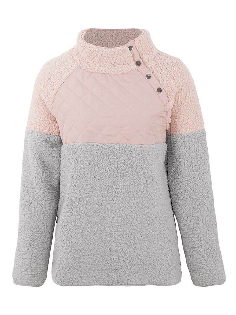 Kvinder Casual Fleece Button Højkrave Patchwork Sweatshirt