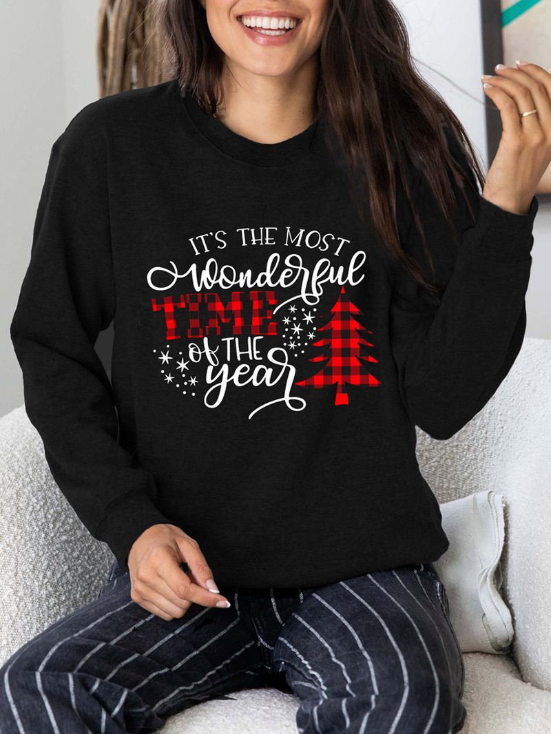 Kvinder Christmas Letter Med Tryk O-neck Drop Shoulder Løs Pullover Sweatshirts