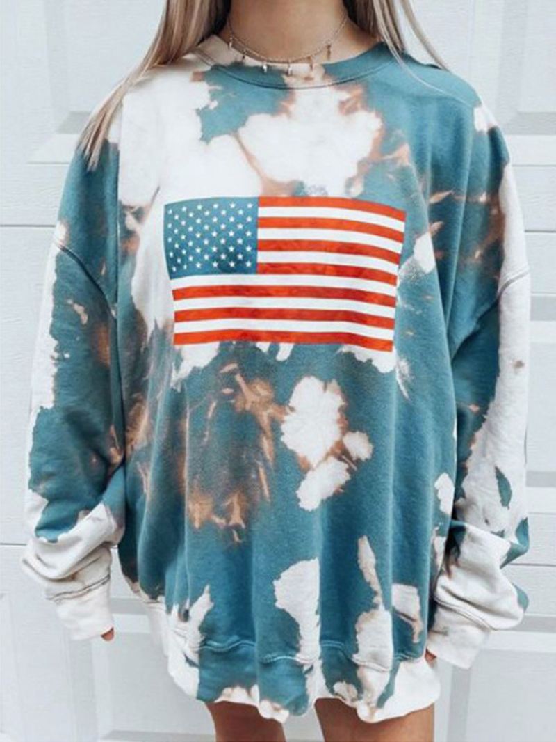 Kvinder Flag Med Tryk Tie Dye Pullover Løse Langærmede Sweatshirts