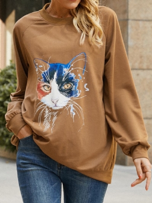 Kvinder Kat Med Tryk Ensfarvede Rund Hals Casual Løs Pullover Sweatshirt