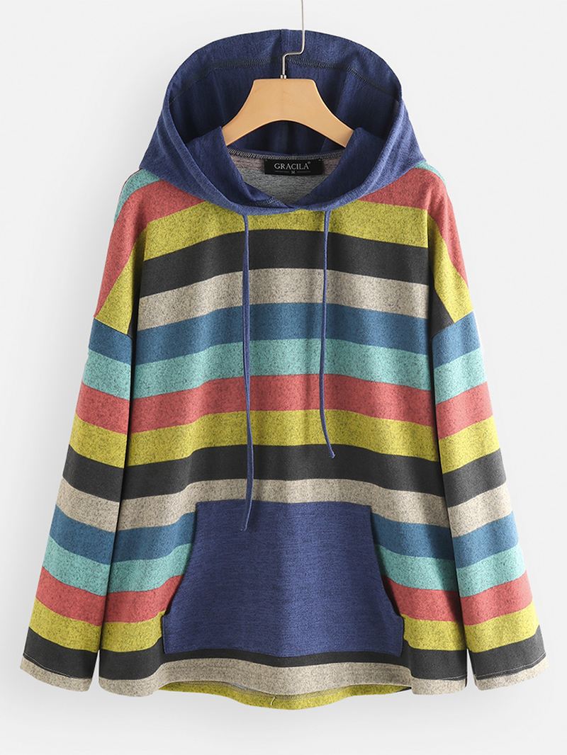 Kvinder Kontrastfarve Stripe Patchwork Hættetrøje