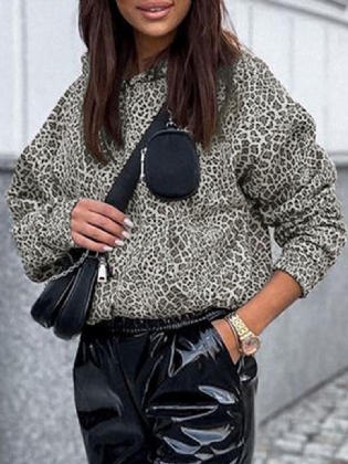 Kvinder Leopard Trykt Front Pocket Full Sleeve Hættekrave Casual Sweatshirt