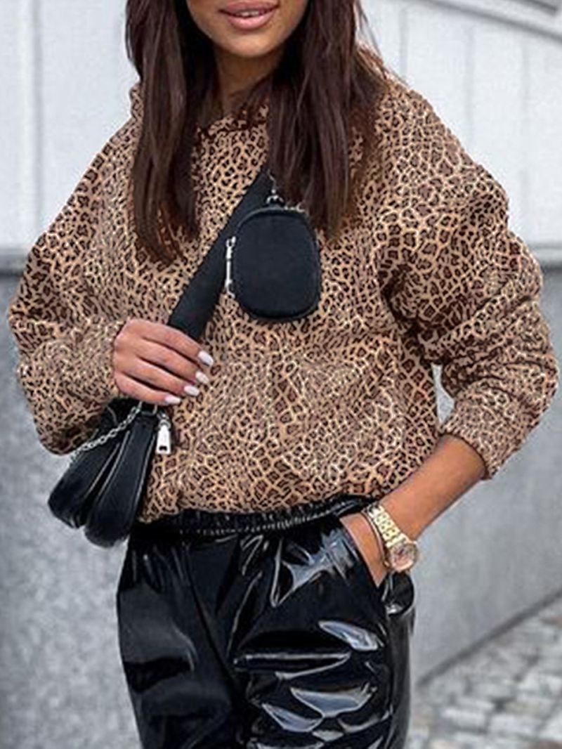 Kvinder Leopard Trykt Front Pocket Full Sleeve Hættekrave Casual Sweatshirt