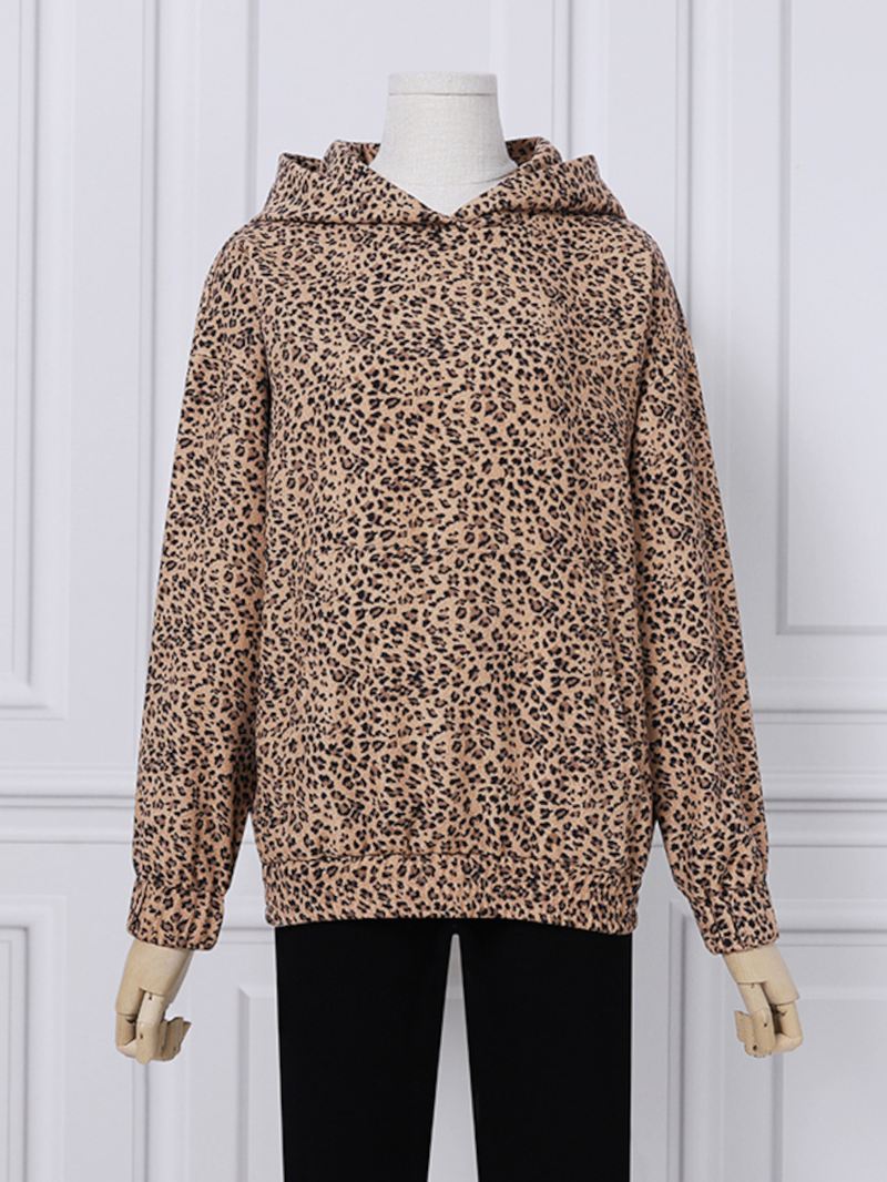 Kvinder Leopard Trykt Front Pocket Full Sleeve Hættekrave Casual Sweatshirt