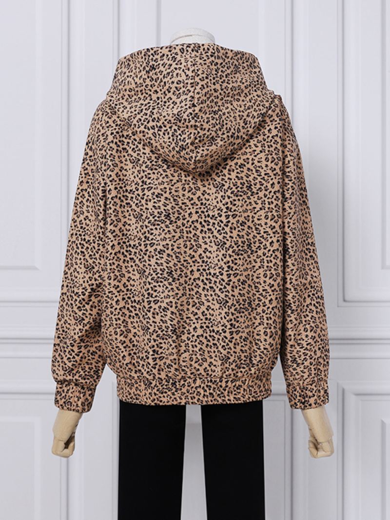 Kvinder Leopard Trykt Front Pocket Full Sleeve Hættekrave Casual Sweatshirt