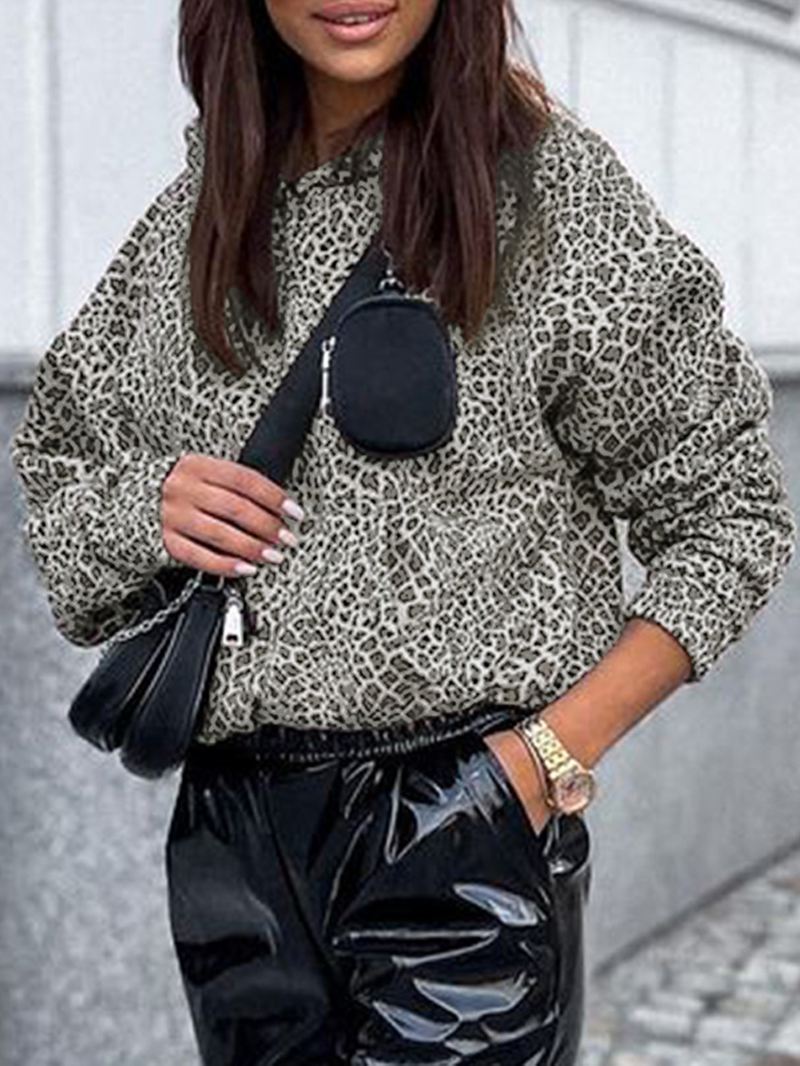 Kvinder Leopard Trykt Front Pocket Full Sleeve Hættekrave Casual Sweatshirt