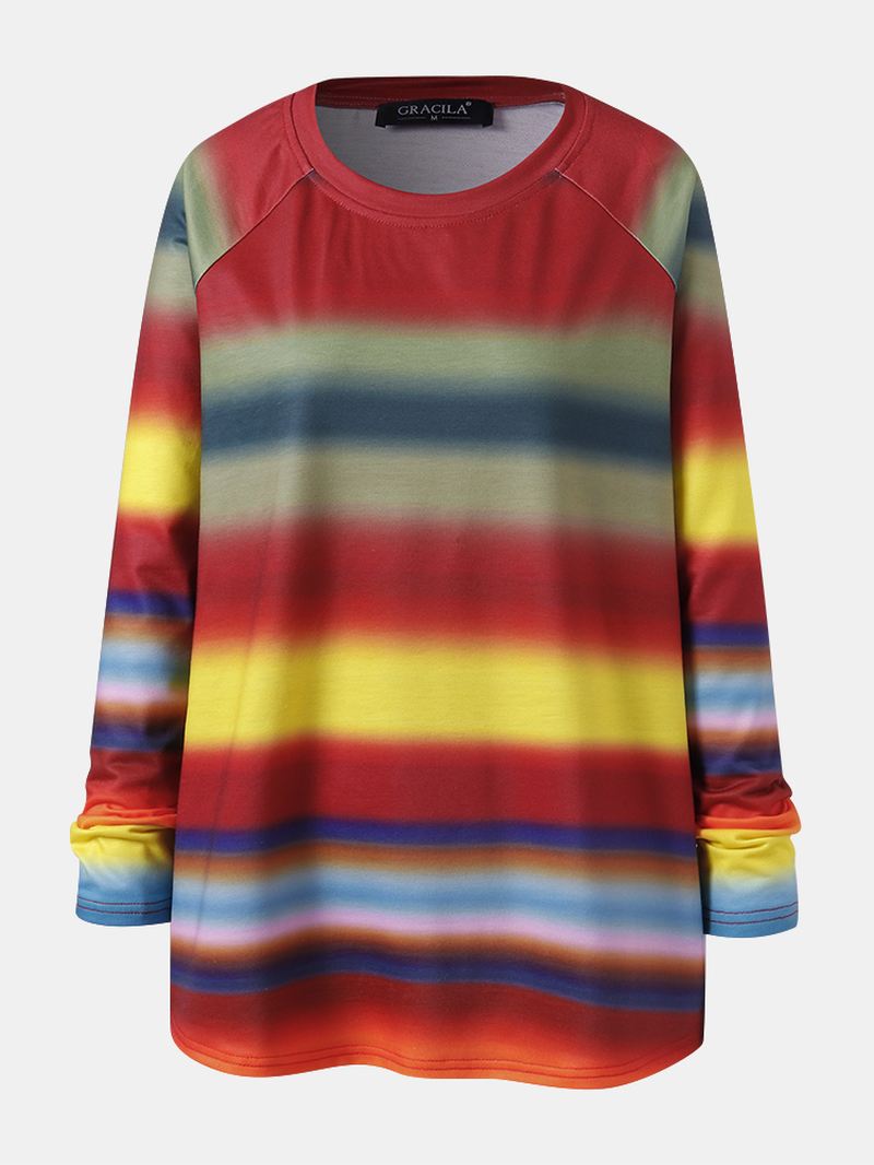 Kvinder Multi Colour Ombre Stribet O-hals Raglan Sleeve Casual Sweatshirts